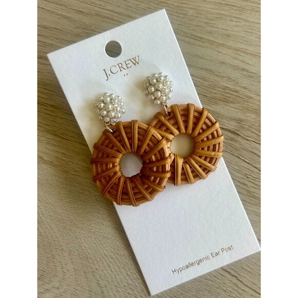 J.Crew Rattan Hoop Earrings With Pearl Cluster Hypoallergenic Ear Post - Picture 1 of 4